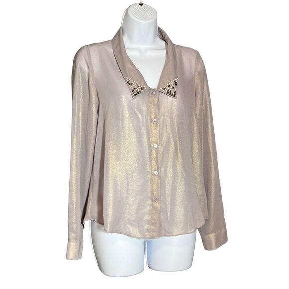 Decree Women's Button-Up Studded Collared Metallic Gray Long Sleeve Top S - Picture 1 of 8